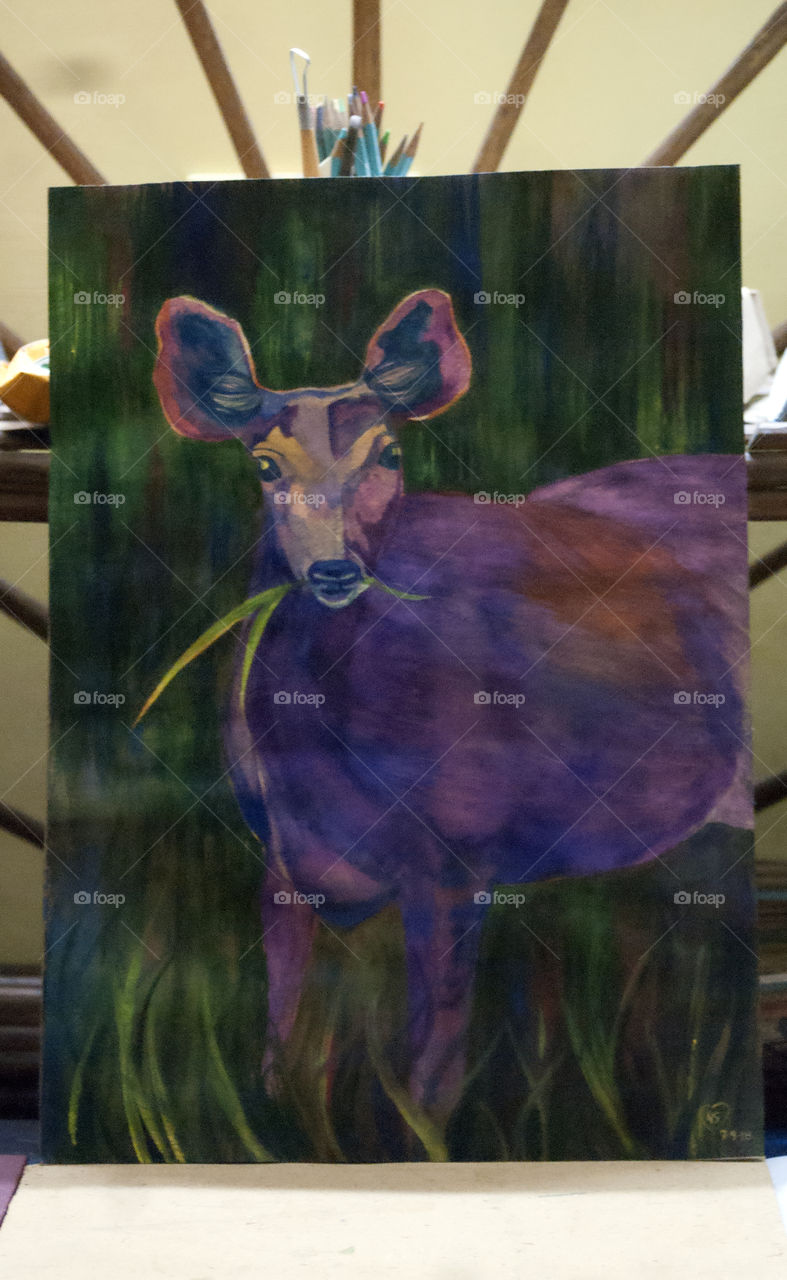 Deer eating grass, looked so sweet, I had to make a painting of him.