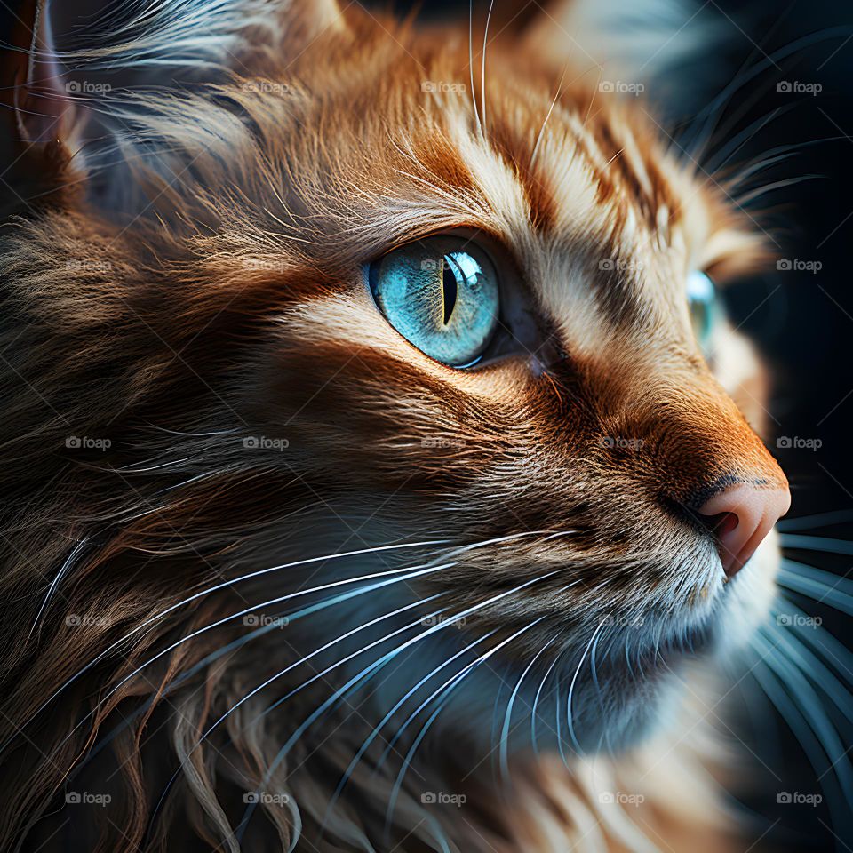 close up of a cat face with round eyes, in the style of vray tracing, photo-realistic techniques