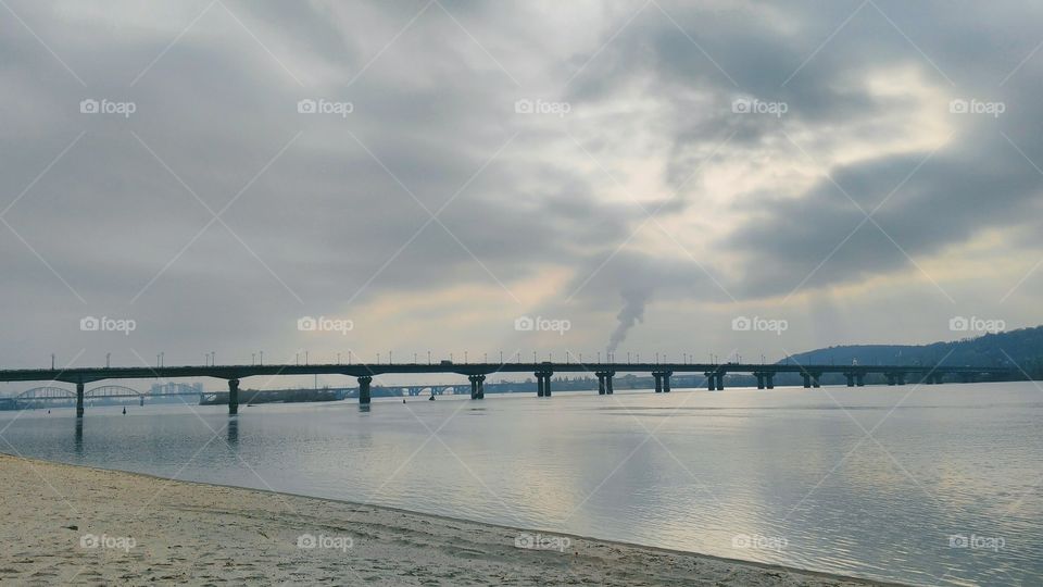 autumn landscape on the Dnieper River, the bridge Paton,Kiev