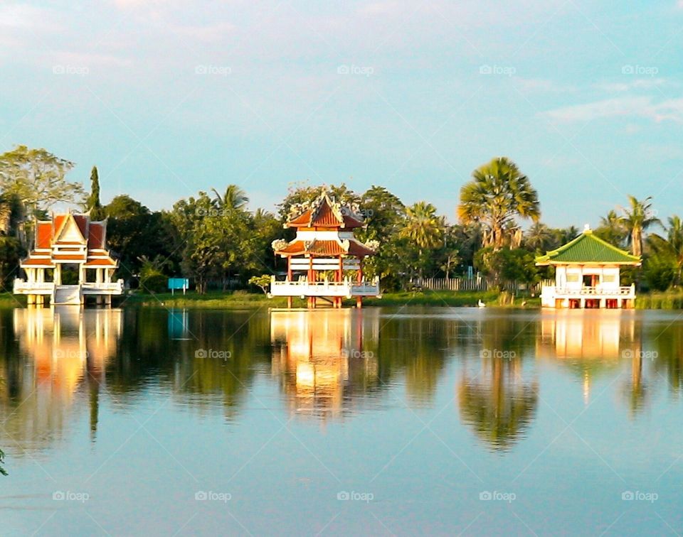 Beautiful building at lakeside with reflection