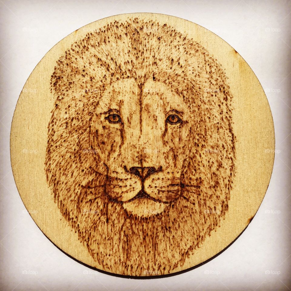 A lion design hand burned on a piece of wood through the art of pyrography :)