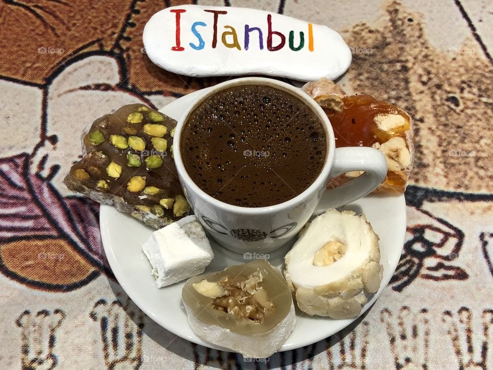 Turkish coffee with turkish delights in a bar of Istanbul