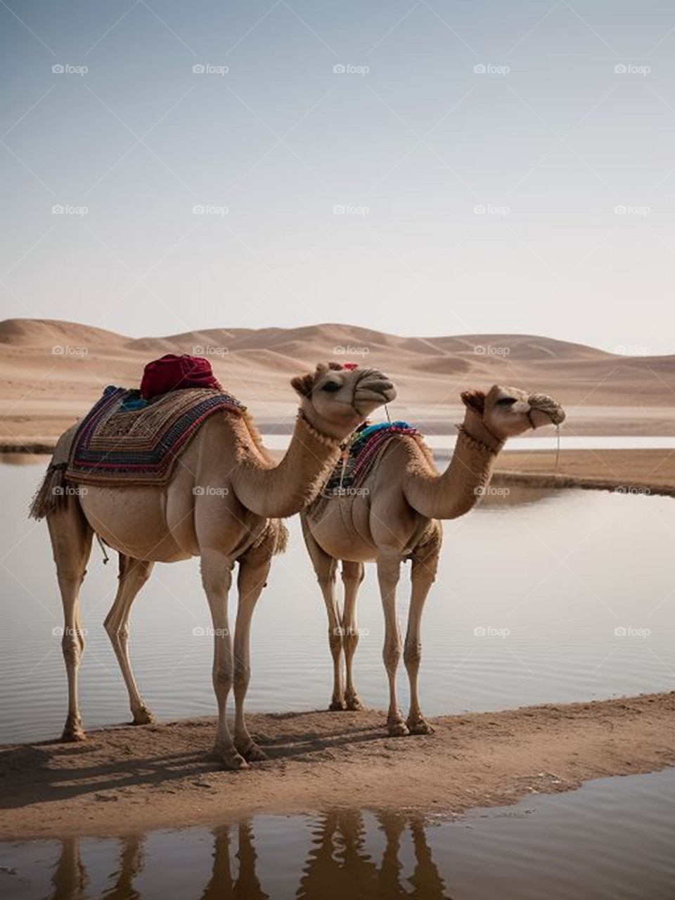 Camels next to a lake in the middle of the desert