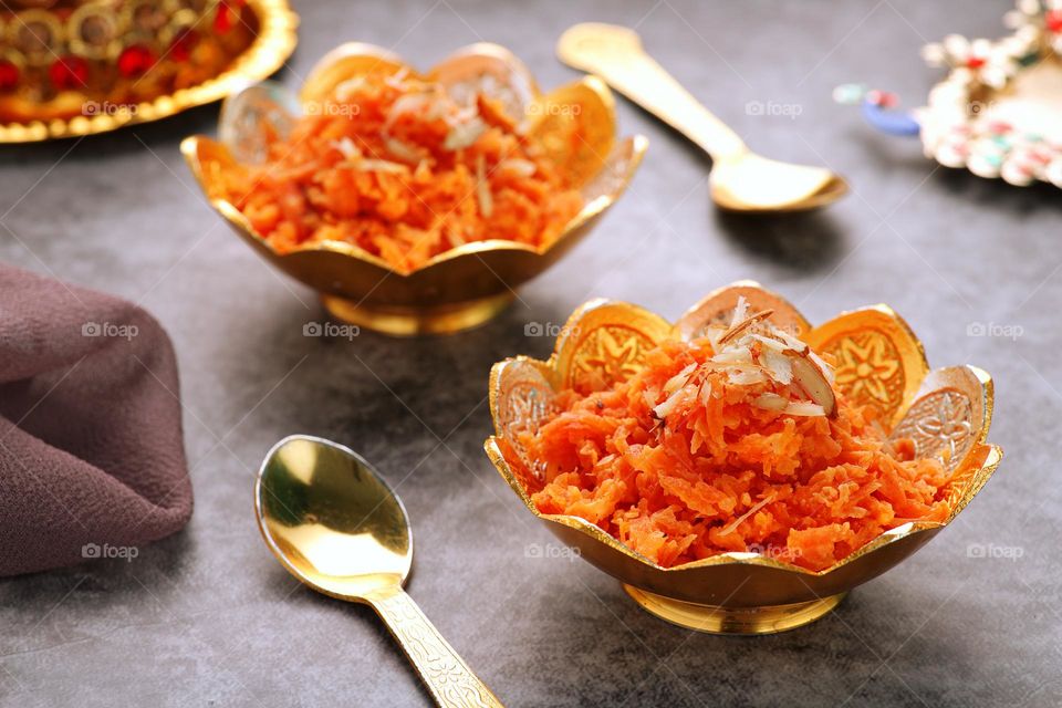 Indian dessert Gajar ka Halwa in traditional bowls