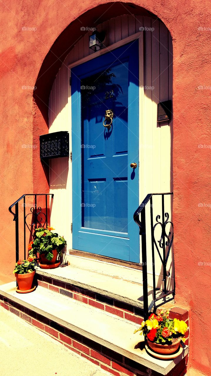 A brightly-colored urban front stoop welcomes you in with a blue door and colorful potted garden flowers.