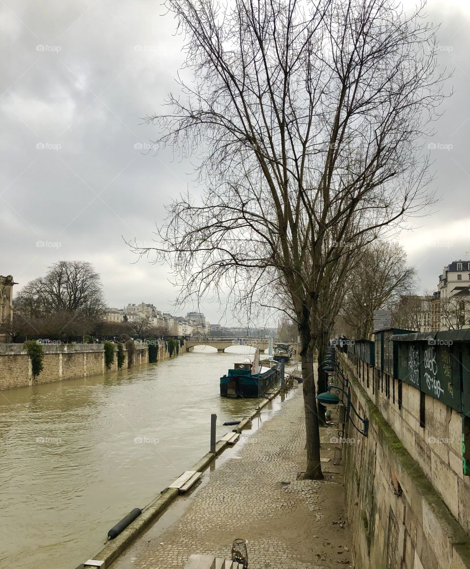 La Seine flooded in Paris France during the wintertime