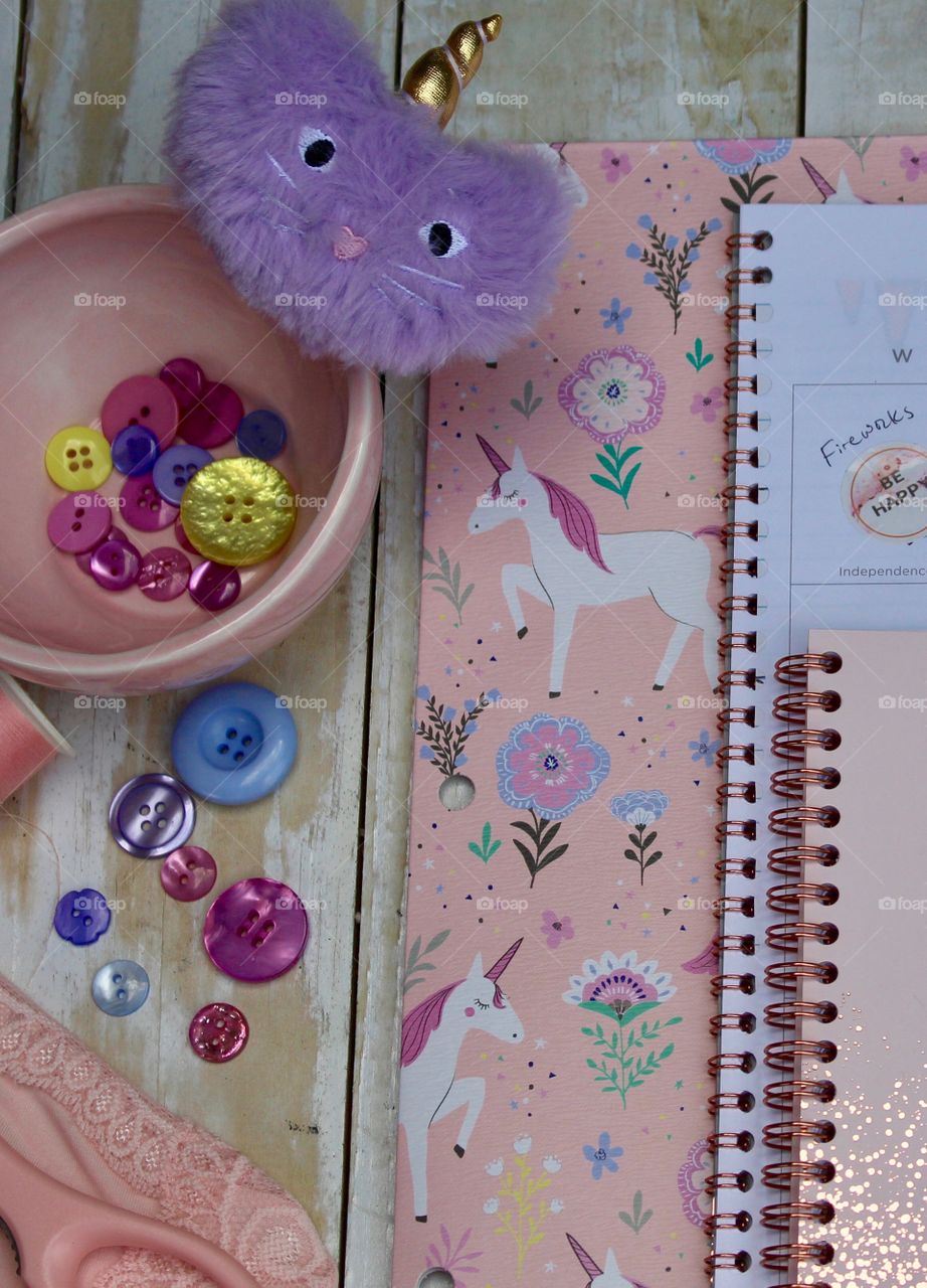 Unicorns, buttons, pink, purple, relax, and letter writing 
