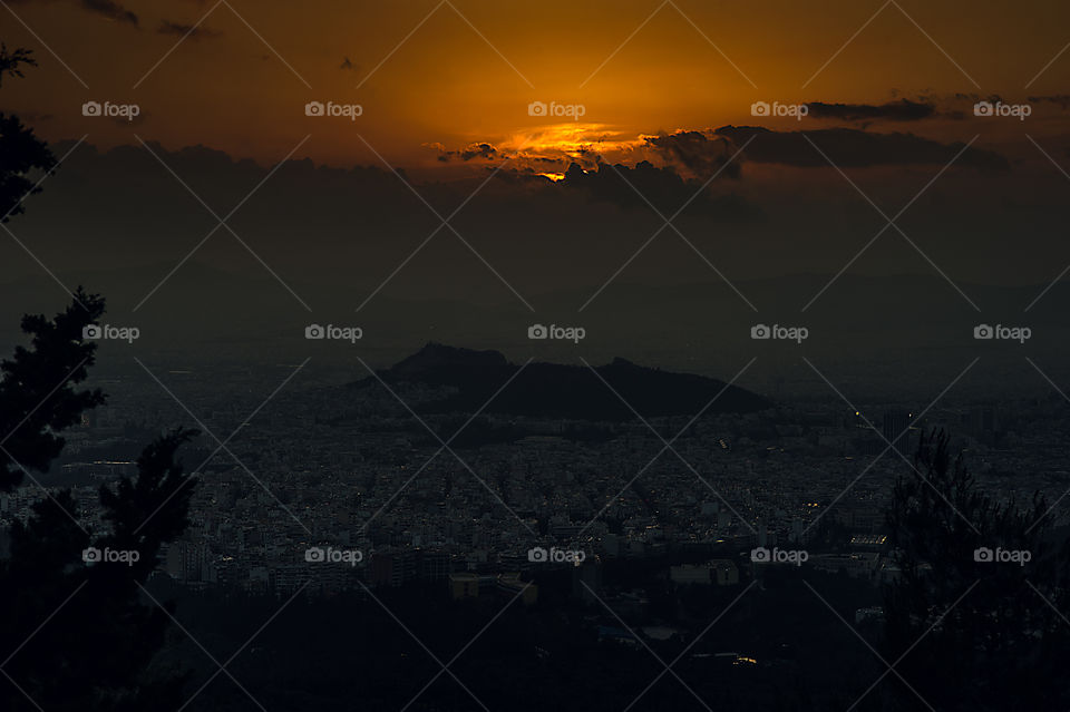 sunset over athena greece. view from Immitos mountain