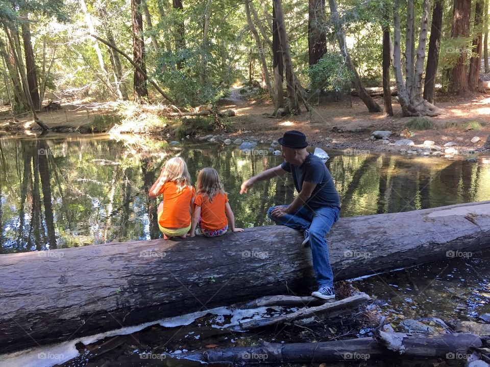 Father and daughter looking in pond at forest