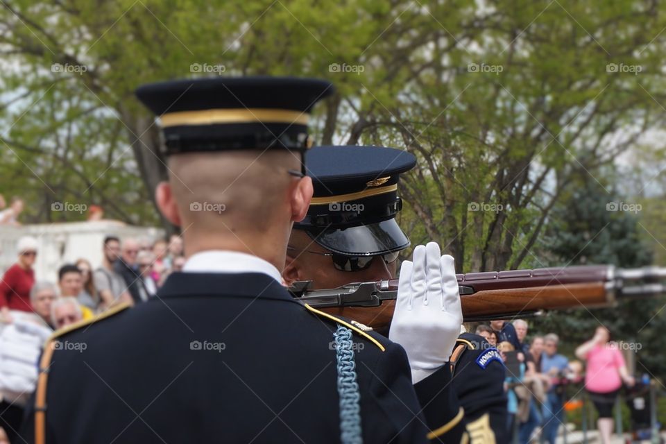 Close up Changing of the guard inspection at Arlington Cemetery.