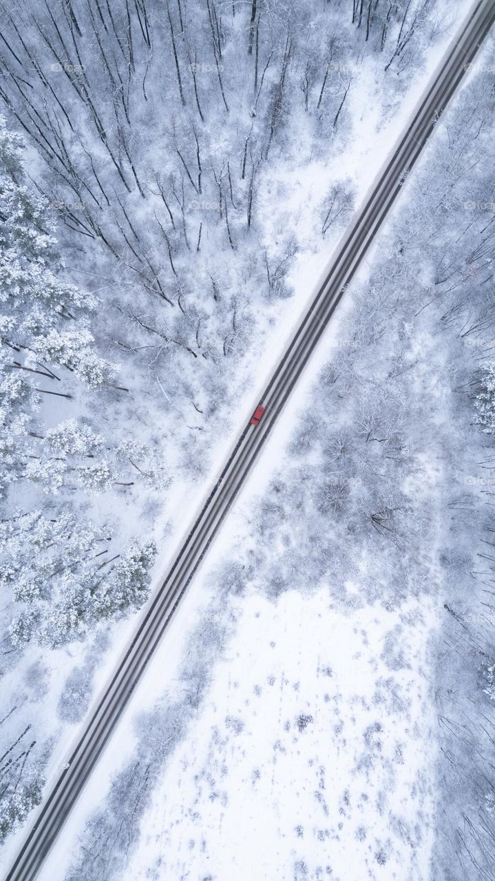 Red car on the winter road, that leads through the forest. Aerial view