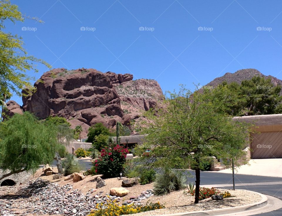 desert community central Phoenix Village at Camelback mountain in Arcadia. mountain view from a privately guarded gated exclusive neighborhood in central East Phoenix