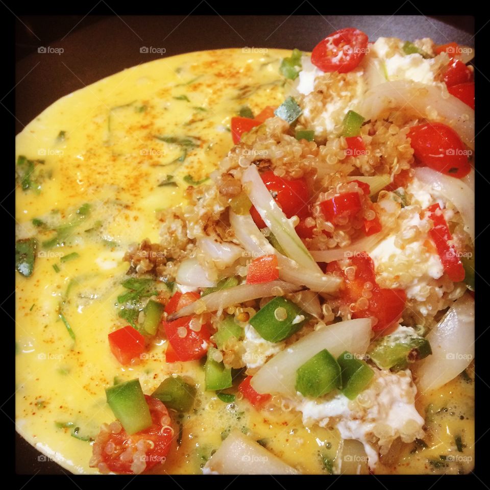Taste . An experimental omelette filled with quinoa and veg 