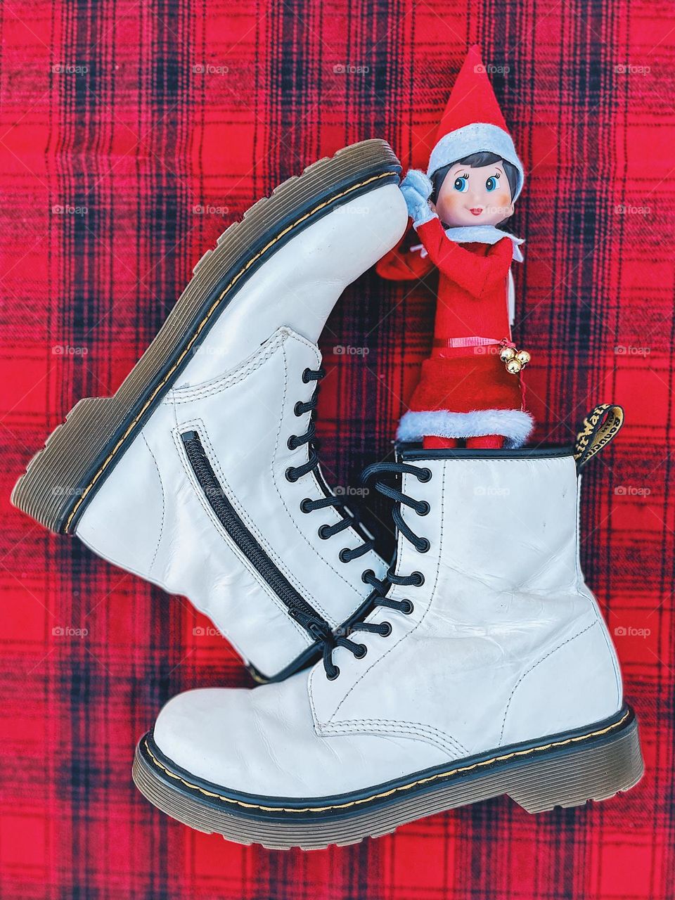 Doc Marten boots with Elf on the Shelf, Doc Marten boots for Christmas, best gift ever, Elf on the Shelf playing with Dr. Marten boots, DMs and Elf on the Shelf , white boots and Christmas, Docs and Elves 