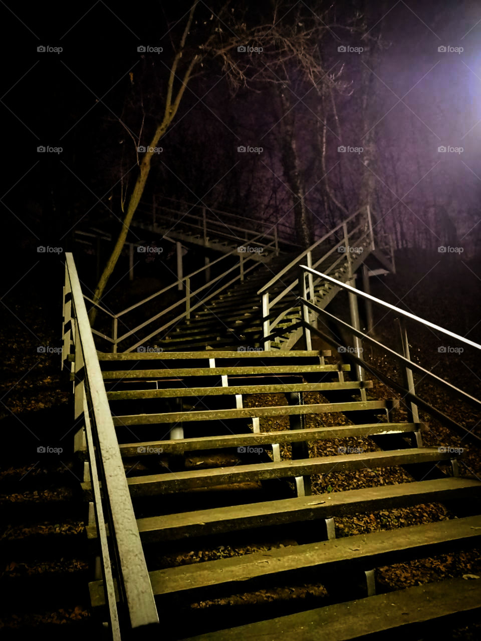 Green stairs in the park at night.  The fog is falling