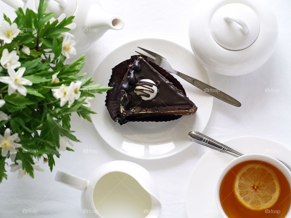 Elevated view of chocolate cake