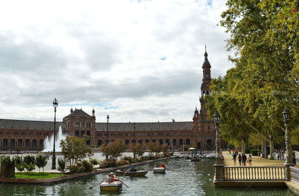 South Tower - Plaza de España. View of the south tower and river at Plaza de España, Seville, Spain.