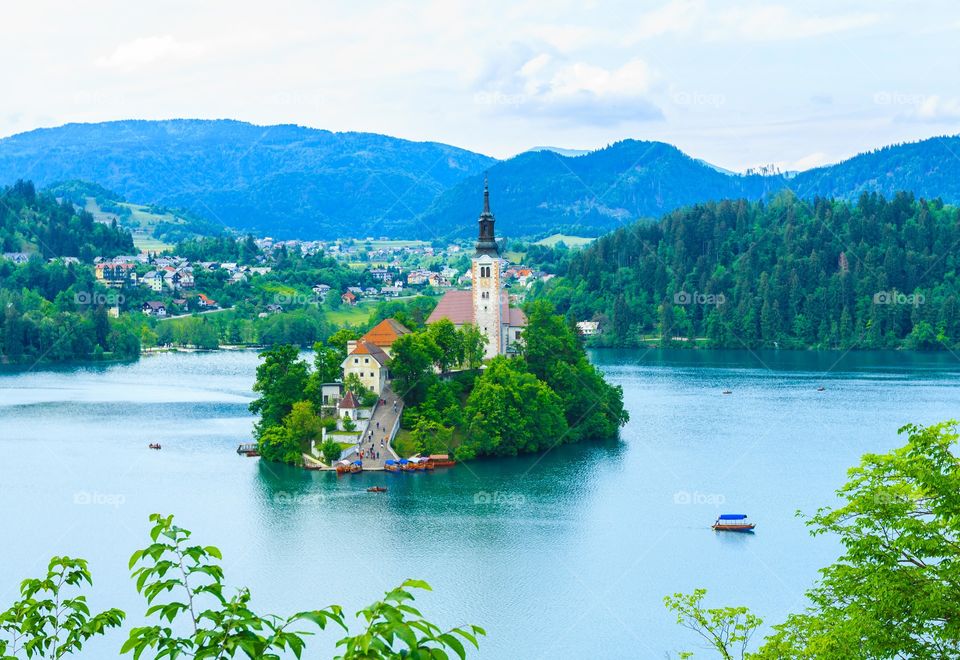 Lake Bled. Beautiful landscape of lake Bled with island in the middle of lake in spring