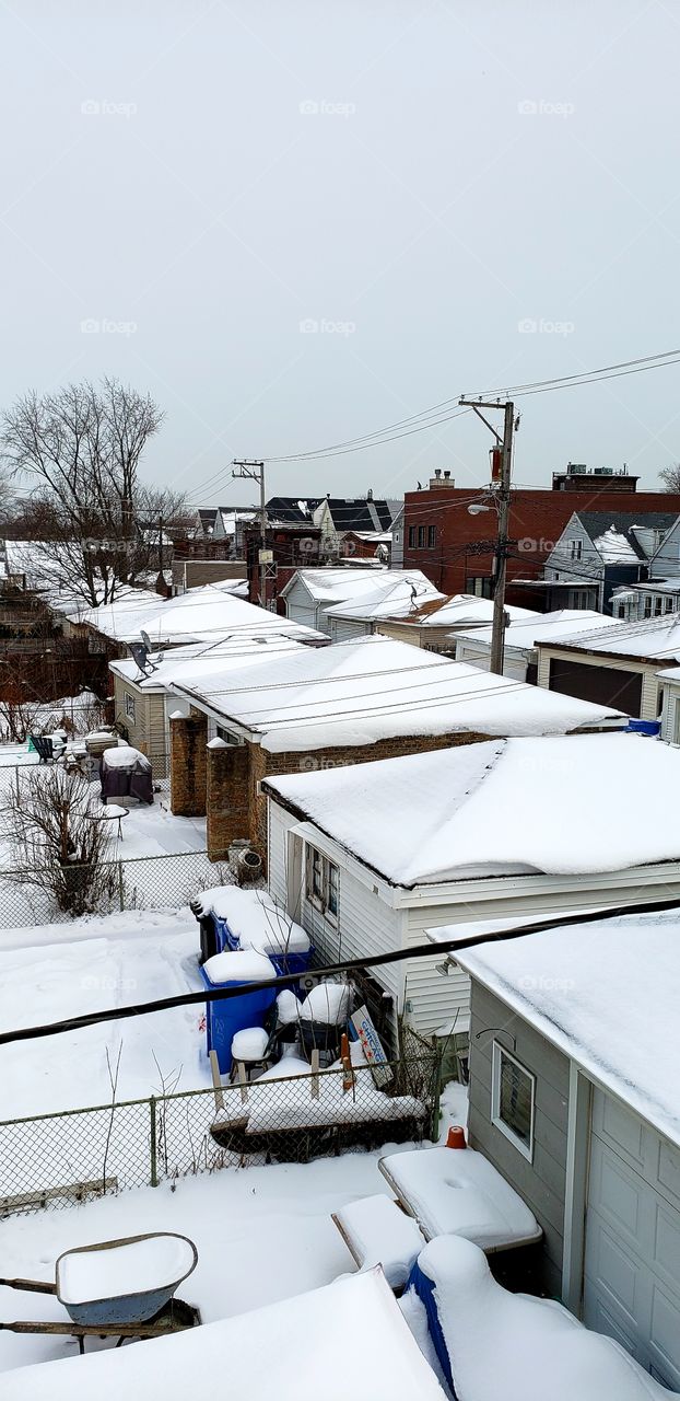 snowy neighborhood yards & garages