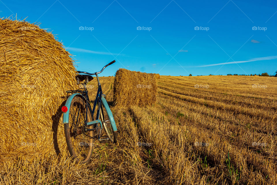 Field with round straw bales and bycicle