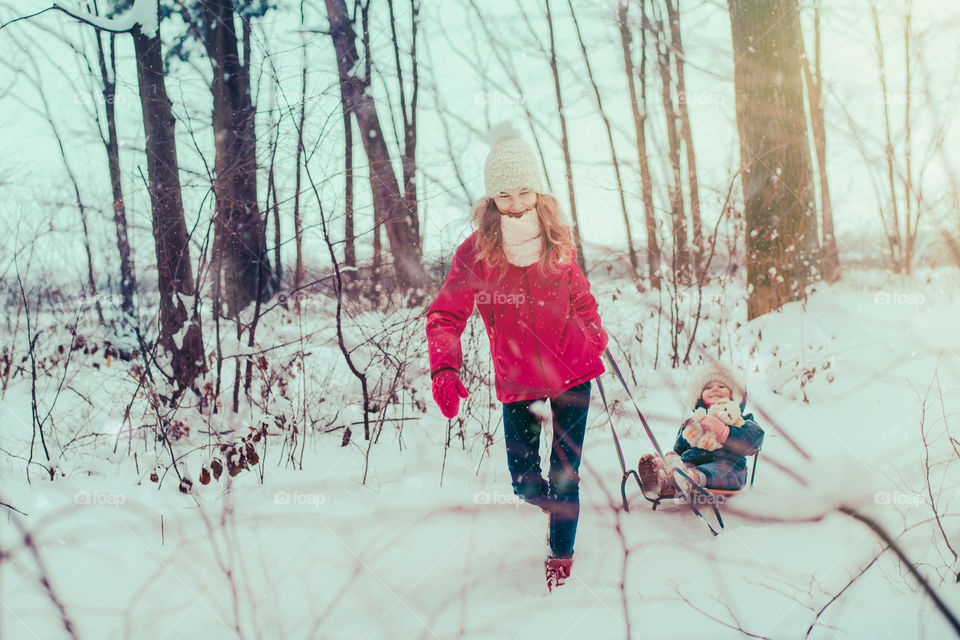 Teenage girl pulling sled with her little sister, a few years old girl, through forest covered by snow while snow falling, enjoying wintertime, spending time together. Girls are wearing winter clothes