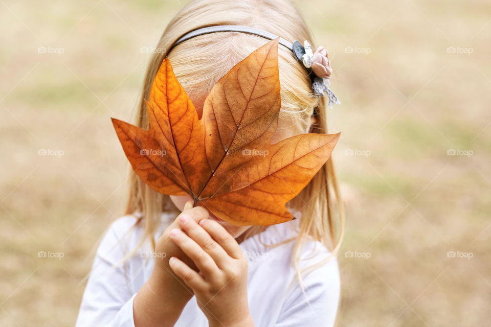 Kid holding maple leaf near face