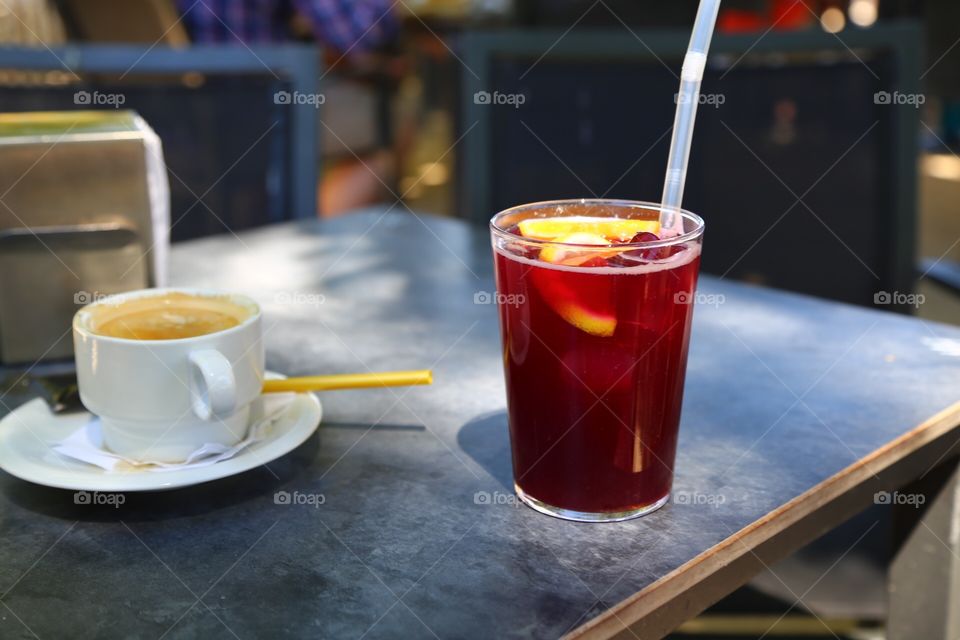 Coffee and sangria at the cafeteria table outdoors 