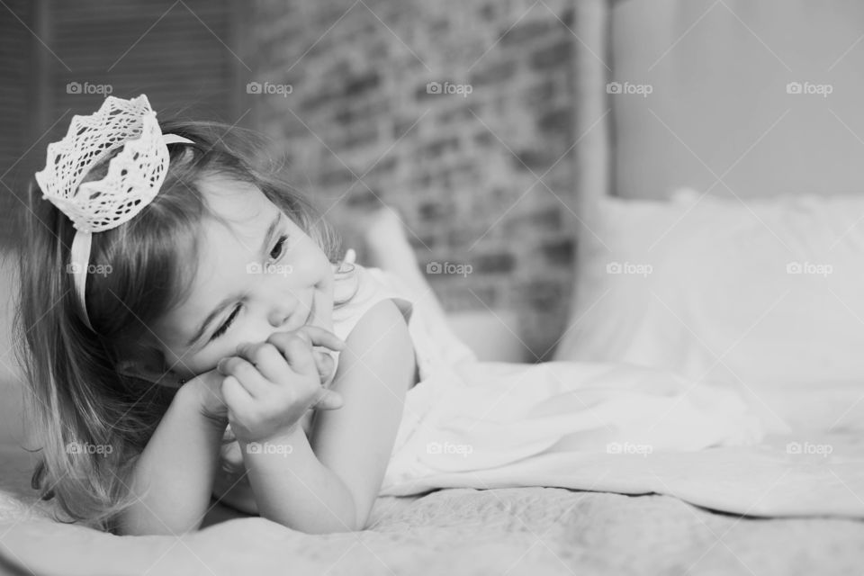 Girl, Monochrome, Child, Portrait, Bed