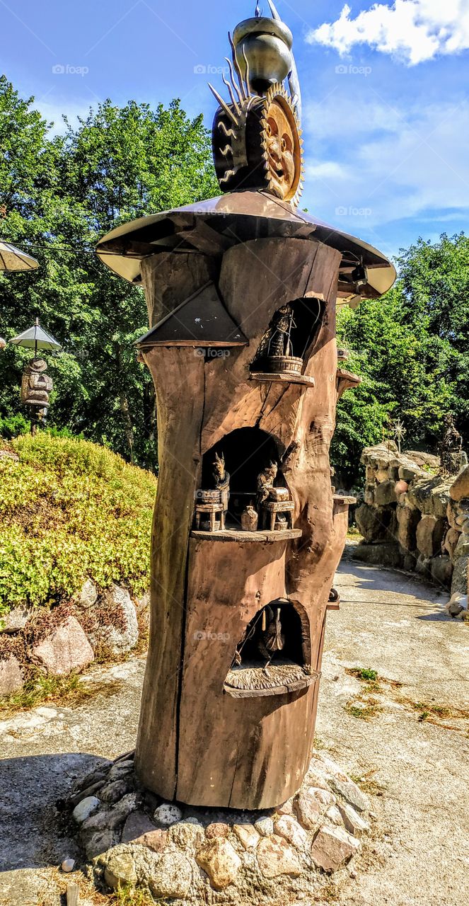 Guardian of the city of wooden sculptures. (Lithuania, Druskininkai, July, 2019).