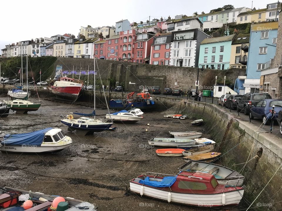 Dry harbor with an array of shipping vessels, with a backdrop of attractive houses.