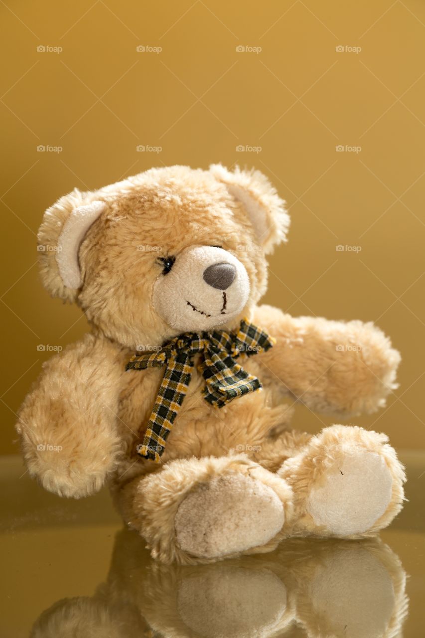 Photo of a teddy bear. Photo of a teddy bear against brown background. Reflection at the bottom