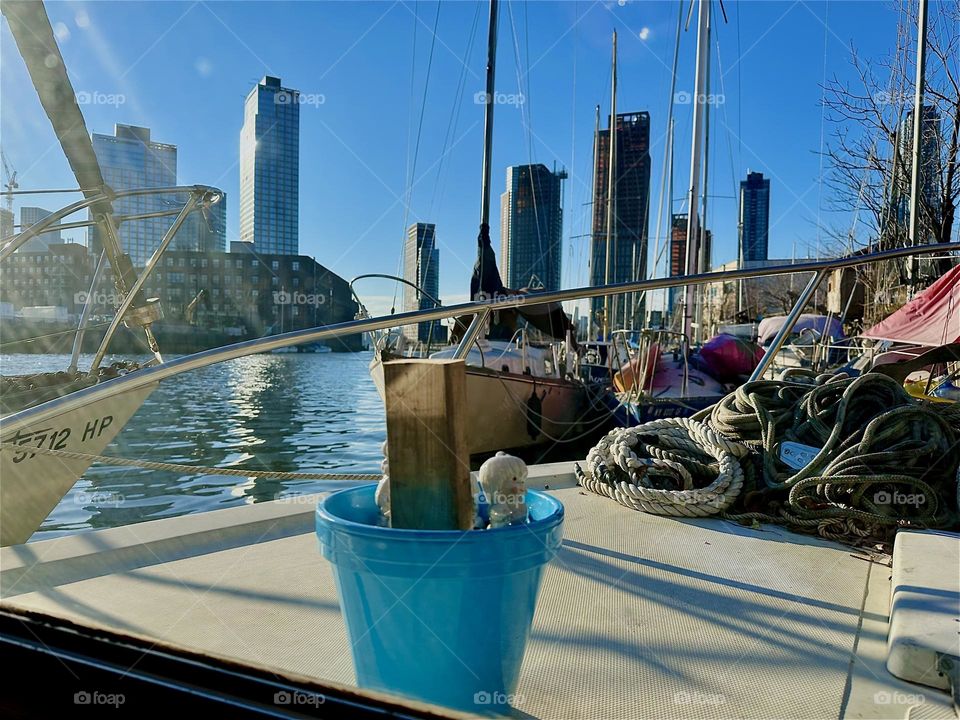 This is the view of “Newtown Creek” in LIC, Queens from our boat cabin aboard “Salvation”, the “28 ft 1969 Luhrs” cabin cruiser that I and my partner “Timothy Trespas” call home. 2023. Hypnotic Productions