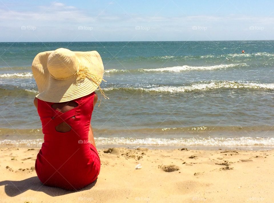 Red color story. Woman and dress