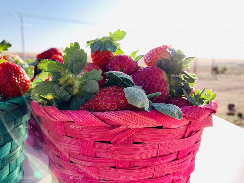 Fresh strawberries in baskets