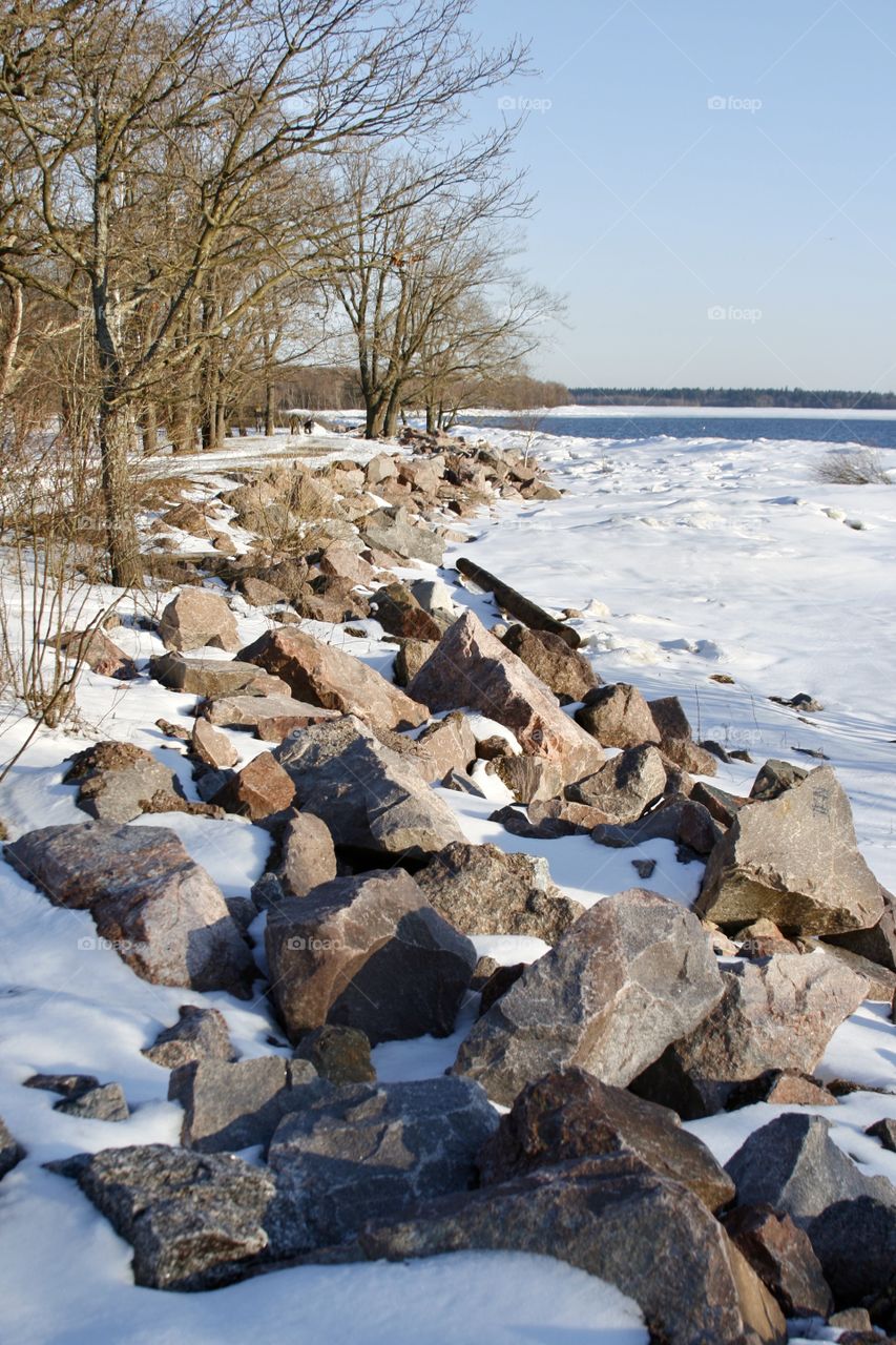 Stone shore. Winter 