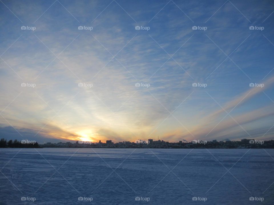 evening sky, sunset over the city of Voronezh in Russia, winter, frost minus 20 degrees