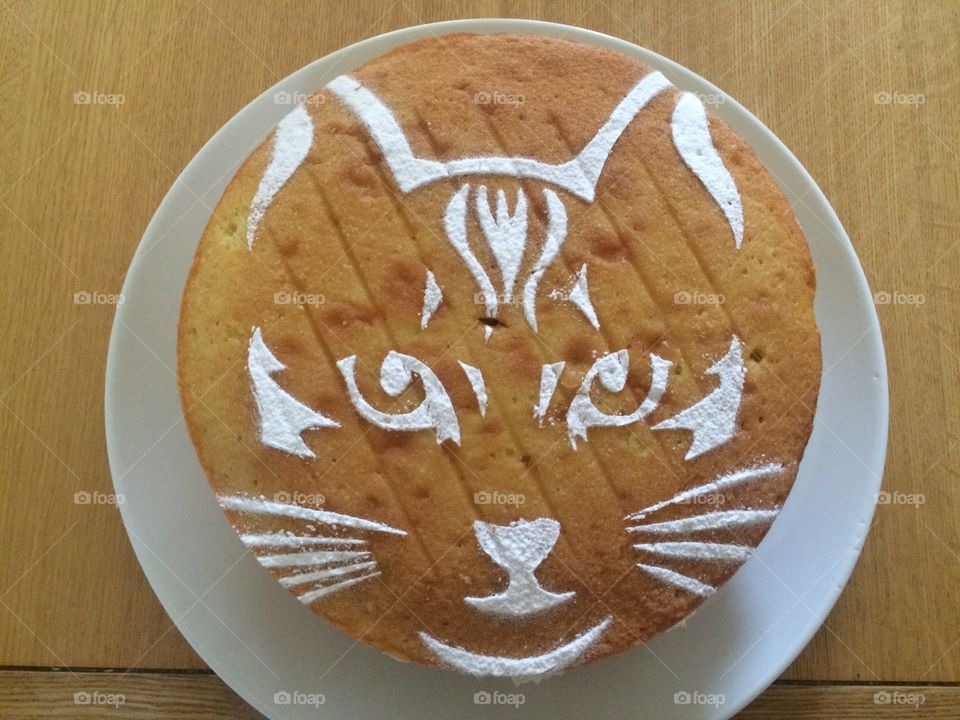 Sponge cake with stencil design icing sugar cat