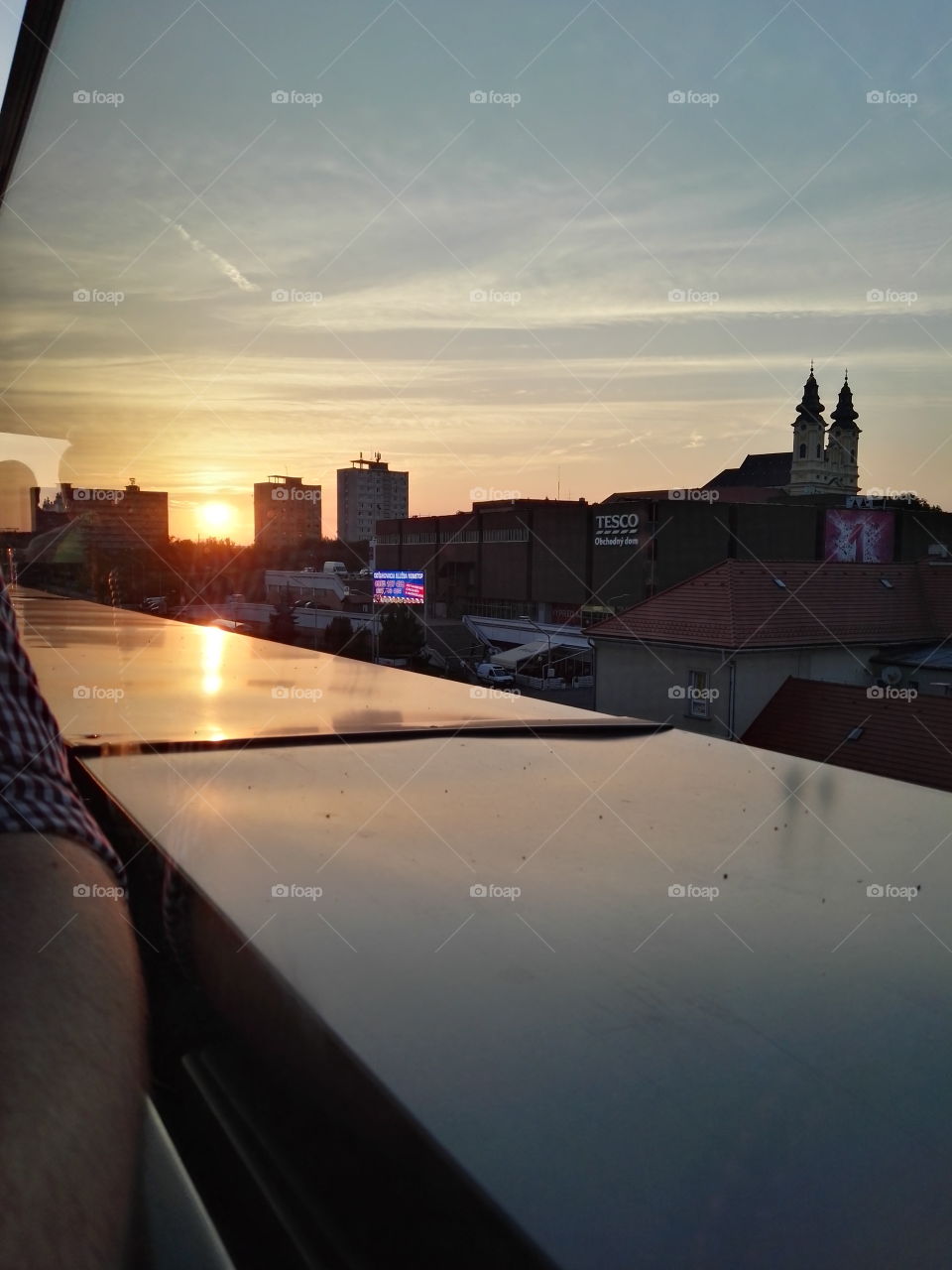 Sunset and city view from restaurant terrace in Nitra.