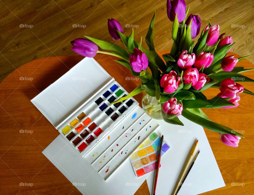 watercolor painting process and tulips spring mood