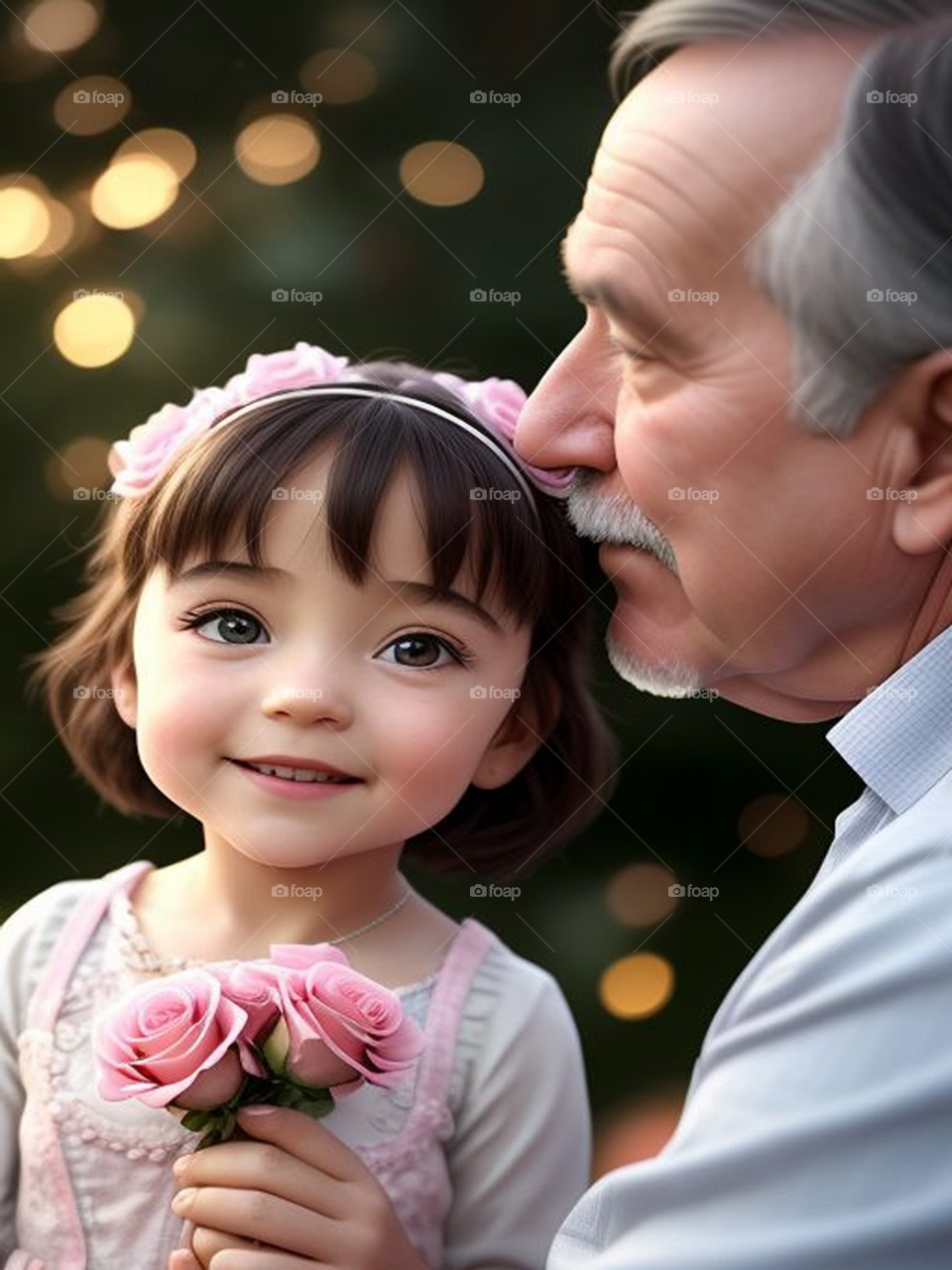 A man holds his little granddaughter with a bouquet of roses