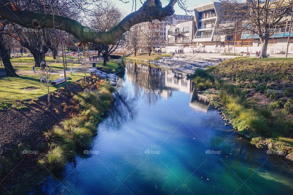 The Avon River flowing through the center of Christchurch, New Zealand 