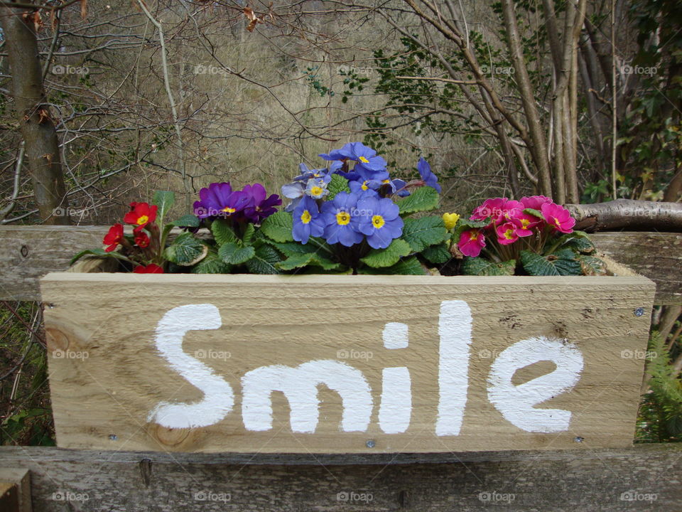 Multicolor flowers and smile text on wooden box