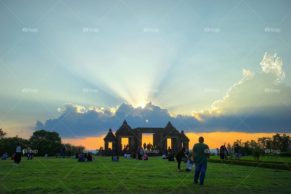 sun shine splash on the sunset moment at ratu boko archaelogical site, near Jogjakarta, Indonesia