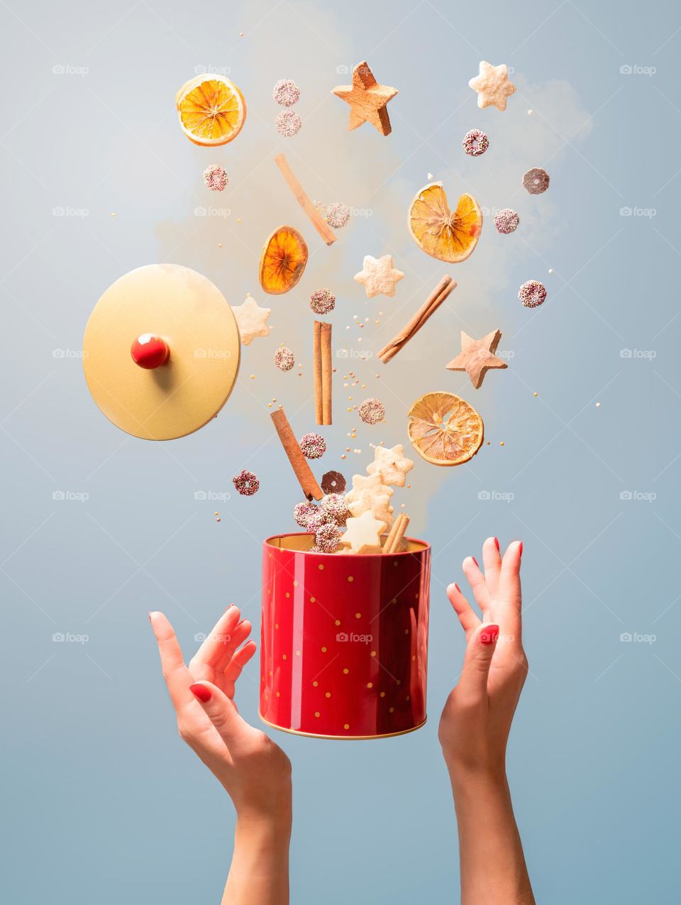 Christmas box with sweets, food levitation 