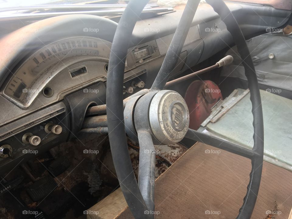 Steering wheel in junkyard car