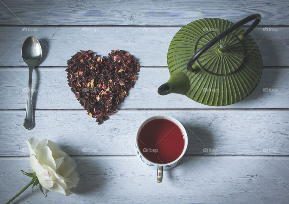 High angle view of tea cup on table