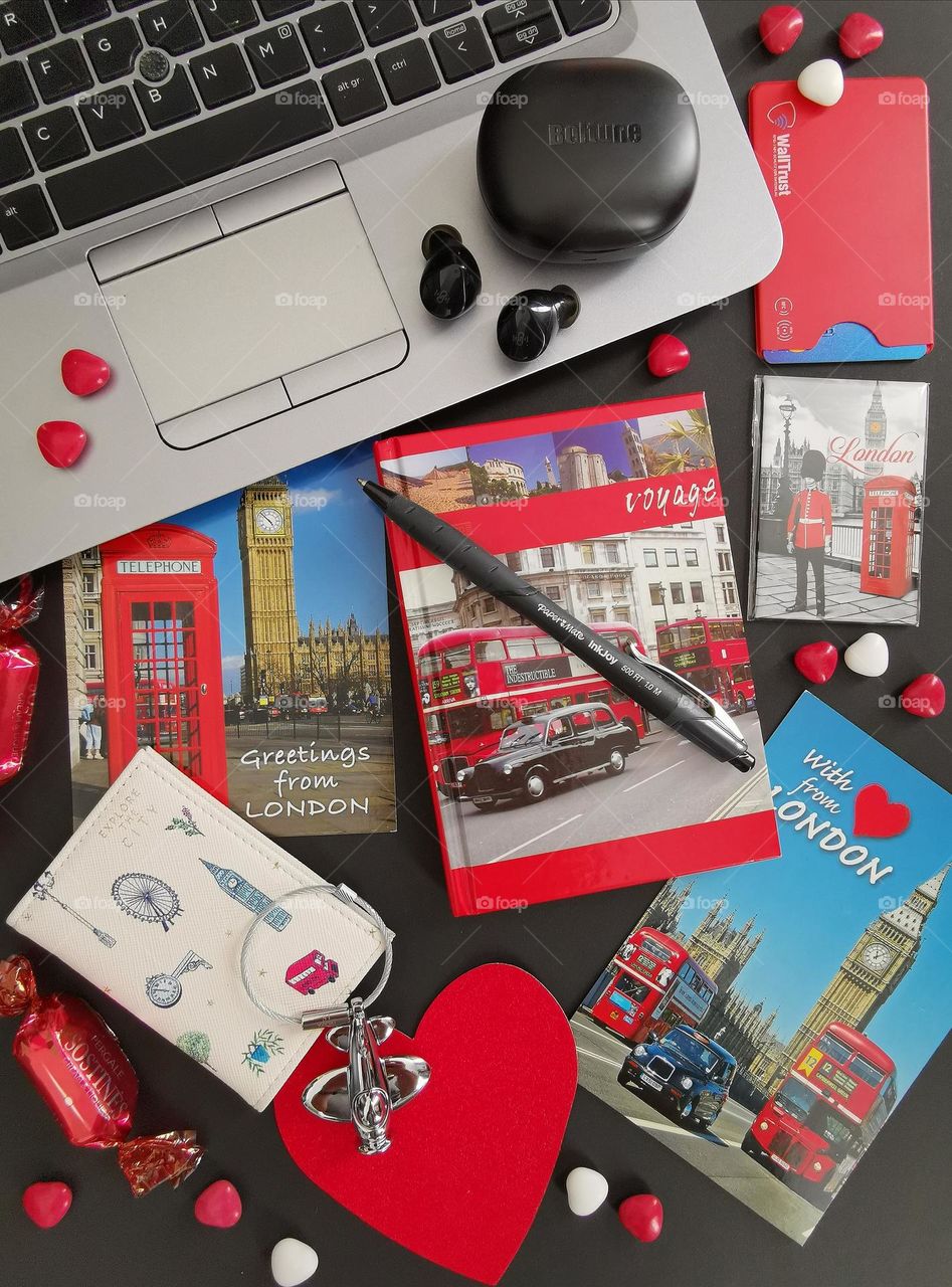 Travel - my life. Travel flatlay. London in a postcards. Travel souvenirs.