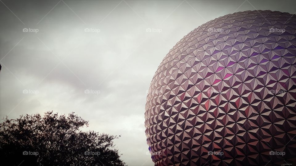 Spaceship Earth stands beautifully at the entrance to EPCOT at Walt Disney World in Orlando, Florida.