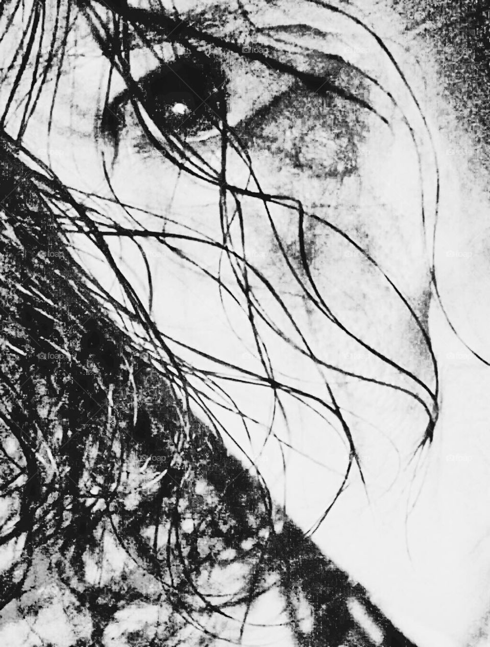 my eye, and stringy hair