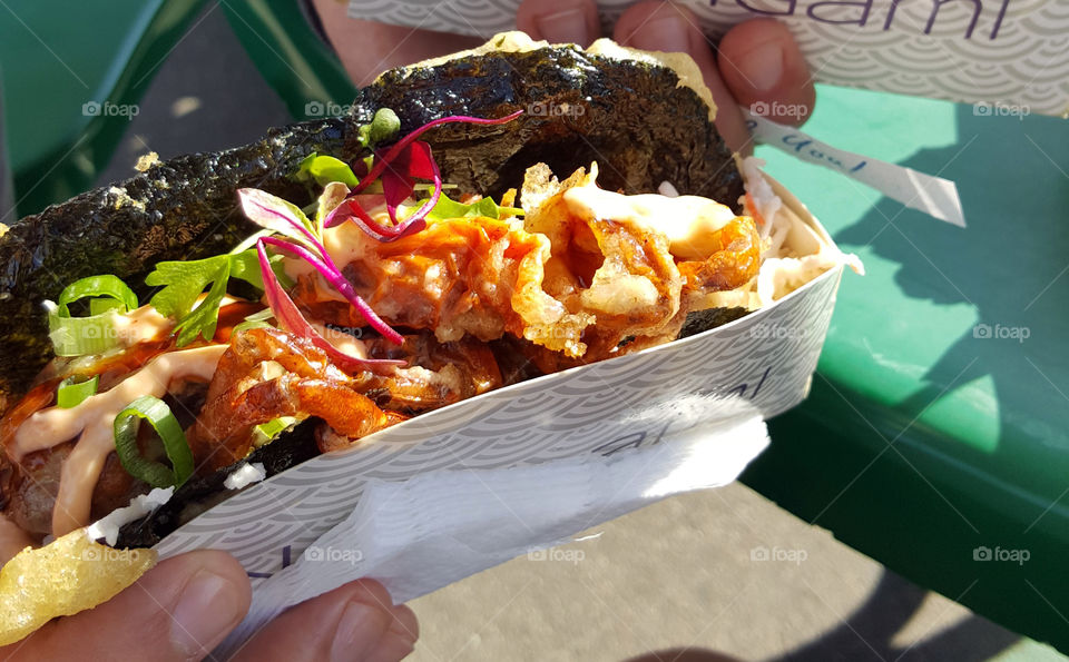 Soft-shell crab in nori wrap tacos, mexican japanese fusion street food